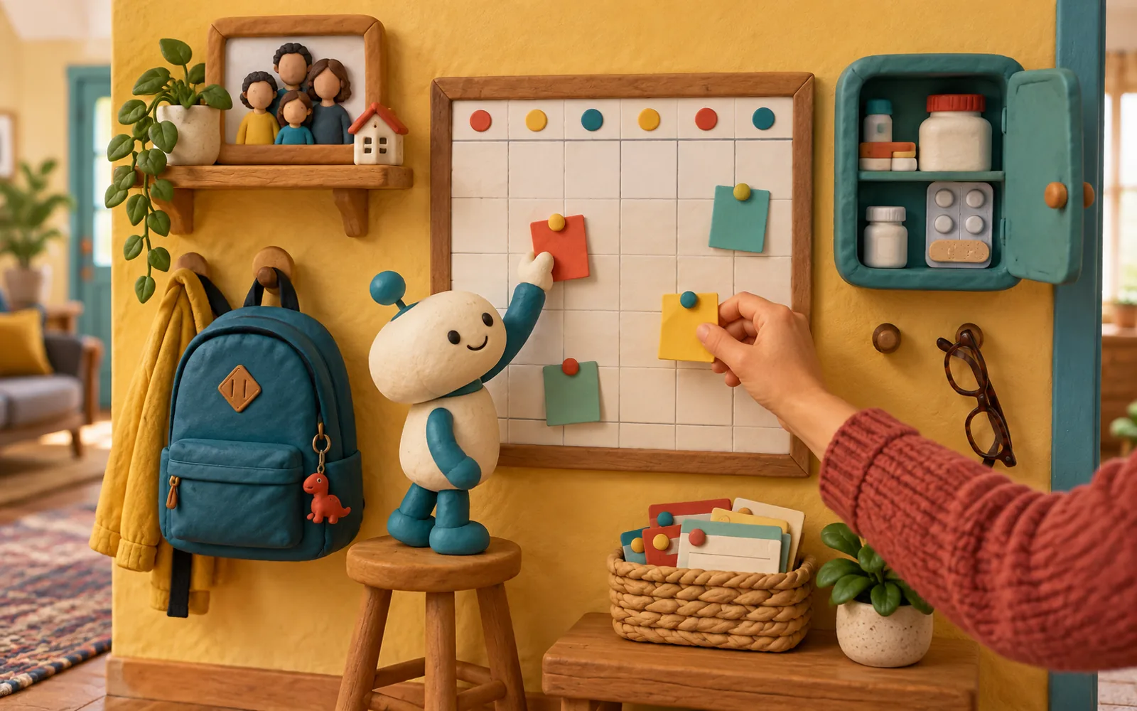 Clay family organiser with a calendar, care cabinet, school bag and a small helper placing reminders.