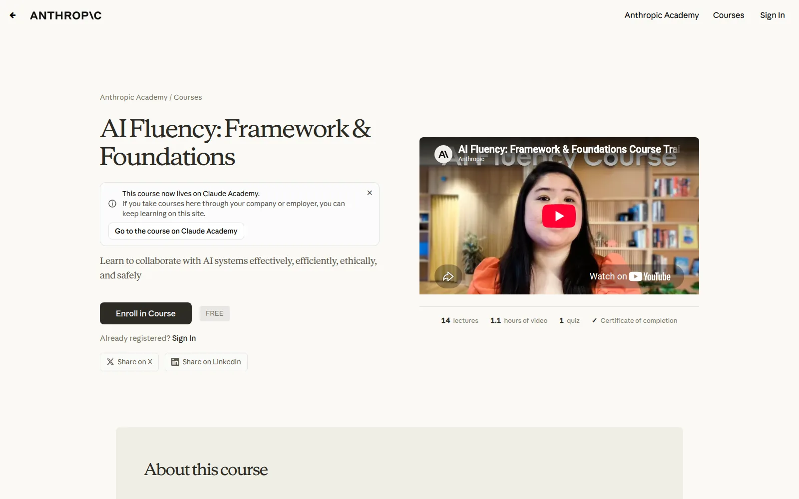 AI Fluency: Framework & Foundations, as it looks on screen.